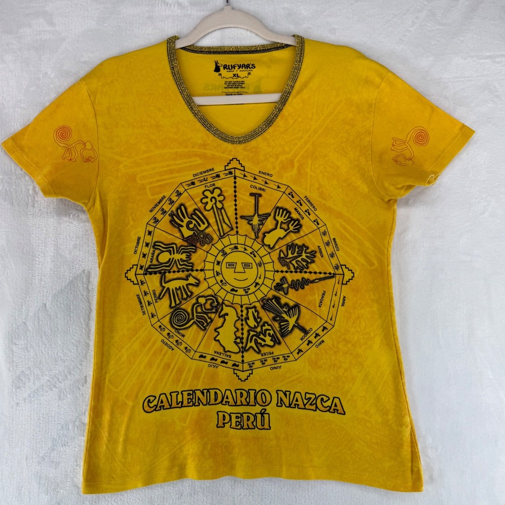 Rufyars Peru Calendario Nazca Graphic T-Shirt Yellow Cotton Mens XL Short Sleeve